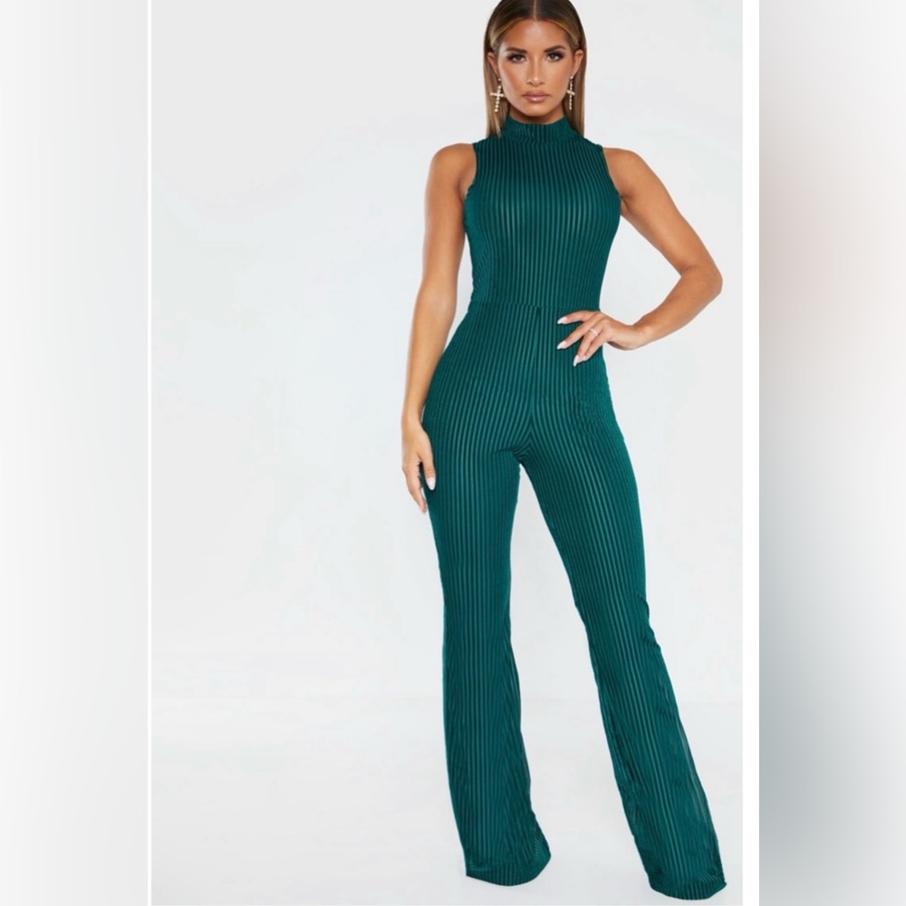 PrettyLittleThing Ribbed Green Jumpsuit